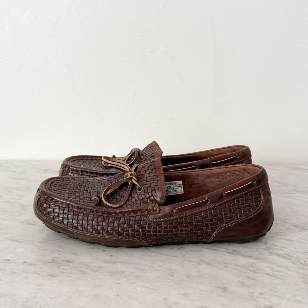 UGG Australia Chester Woven Leather Driving Mocs Loafers 8 Brown Shearling Lined